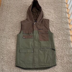 Armada Arlington Long Hooded Snowboarding Vest in Olive Green & Brown, sz M